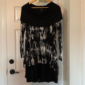 Kensie Arsty Patterned Long Sleeve Dress with Frill Skirt Cowl Neck sz Small